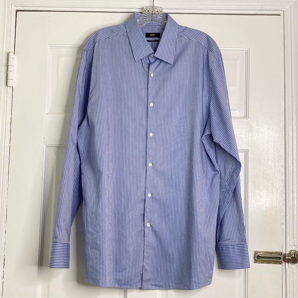 Boss Hugo Boss Mens Sharp Fit Blue Pinstripe Button Front Dress Shirt 17L 34/35 - Picture 13 of 15